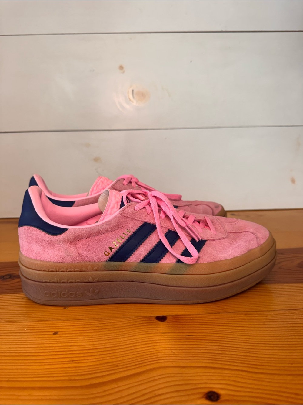 adidas Pink Suede Platform Sneakers with Navy Stripes